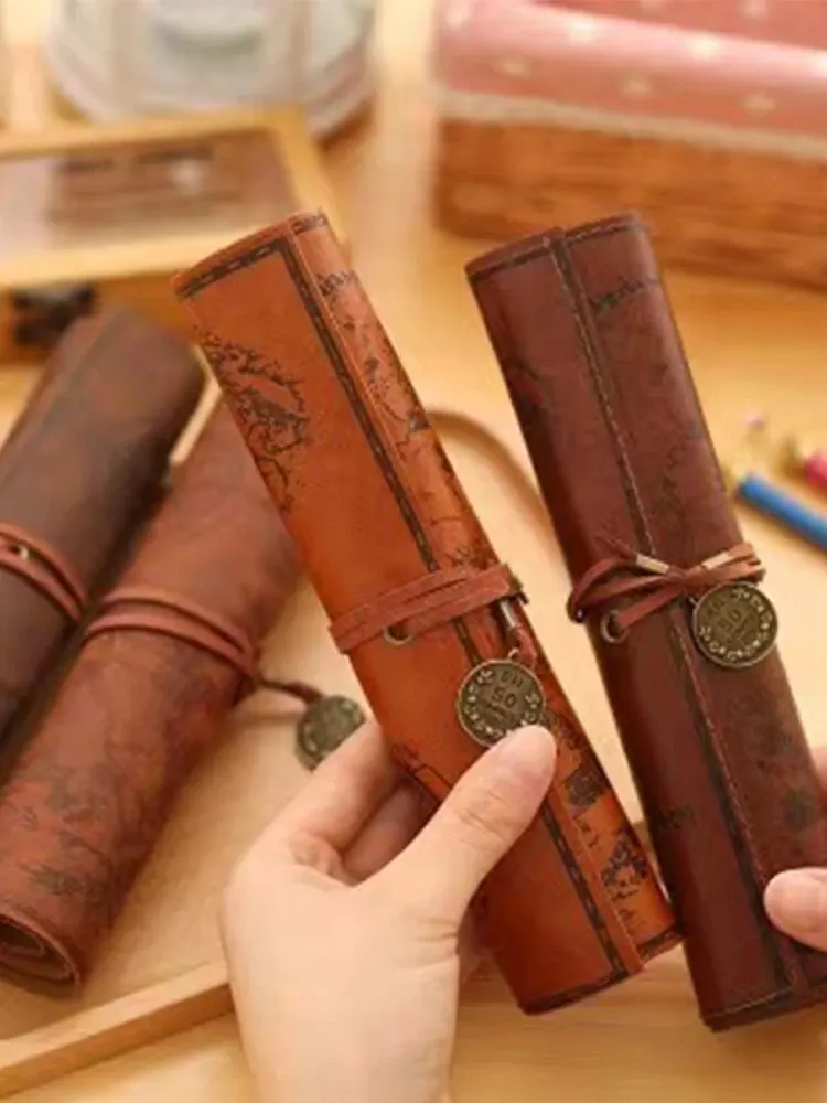 Pencil Case 1PC Creative Treasure Map Retro Leather Large Capacity Roll Pencil Bag Embossed Buckle Simple Stationery Box Roll