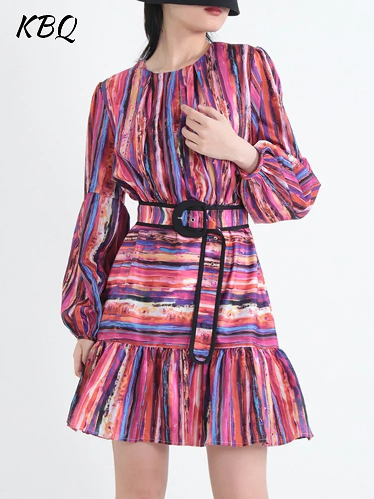 

KBQ Hit Color Spliced Belt Dresses For Women Round Neck Lantern Sleeve High Waist Printing Elegant Dress Female Fashion Clothing