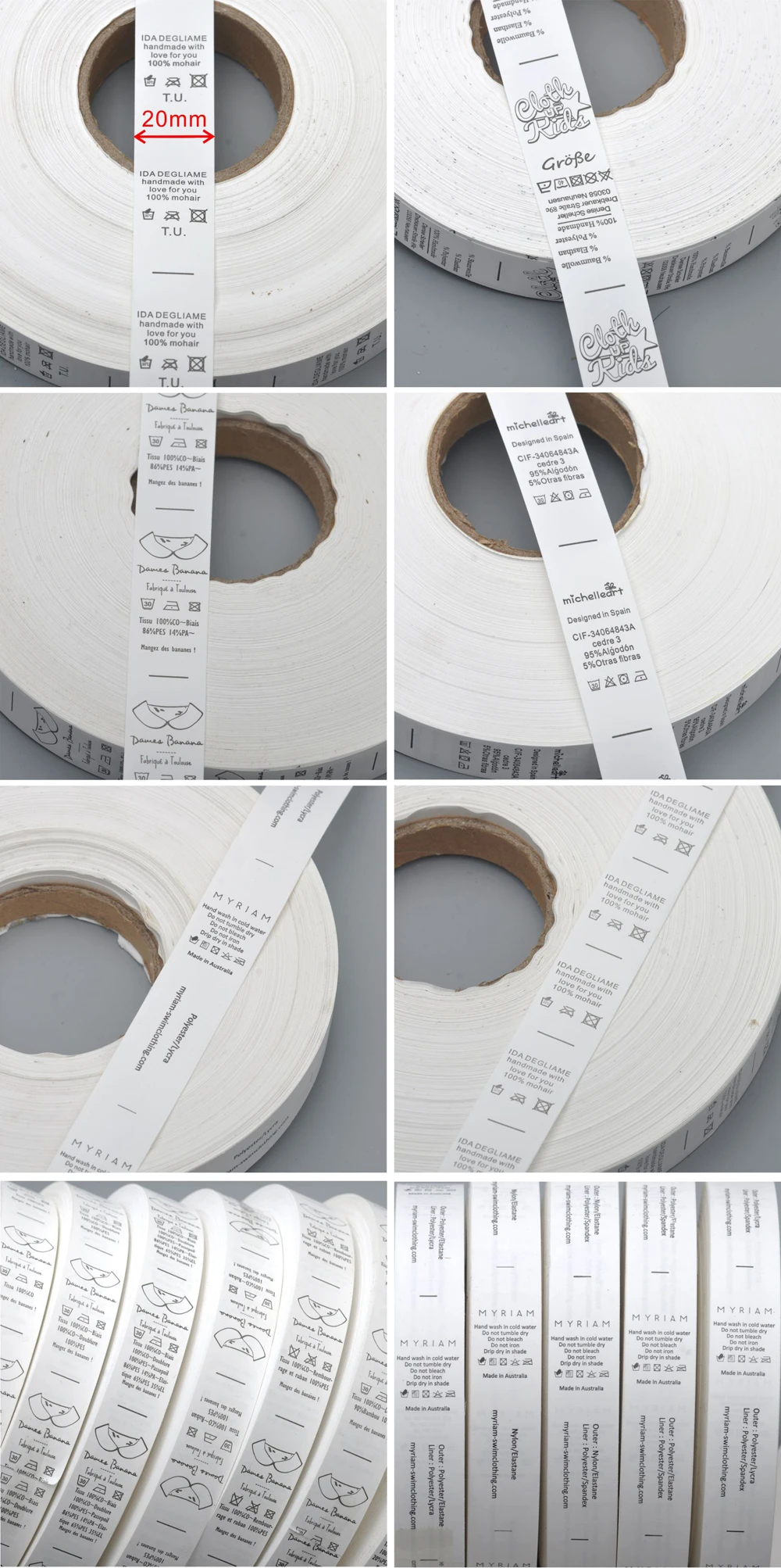 Custom Made design white garment washing care label clothing care size tags washable labels nylon taffeta by roll