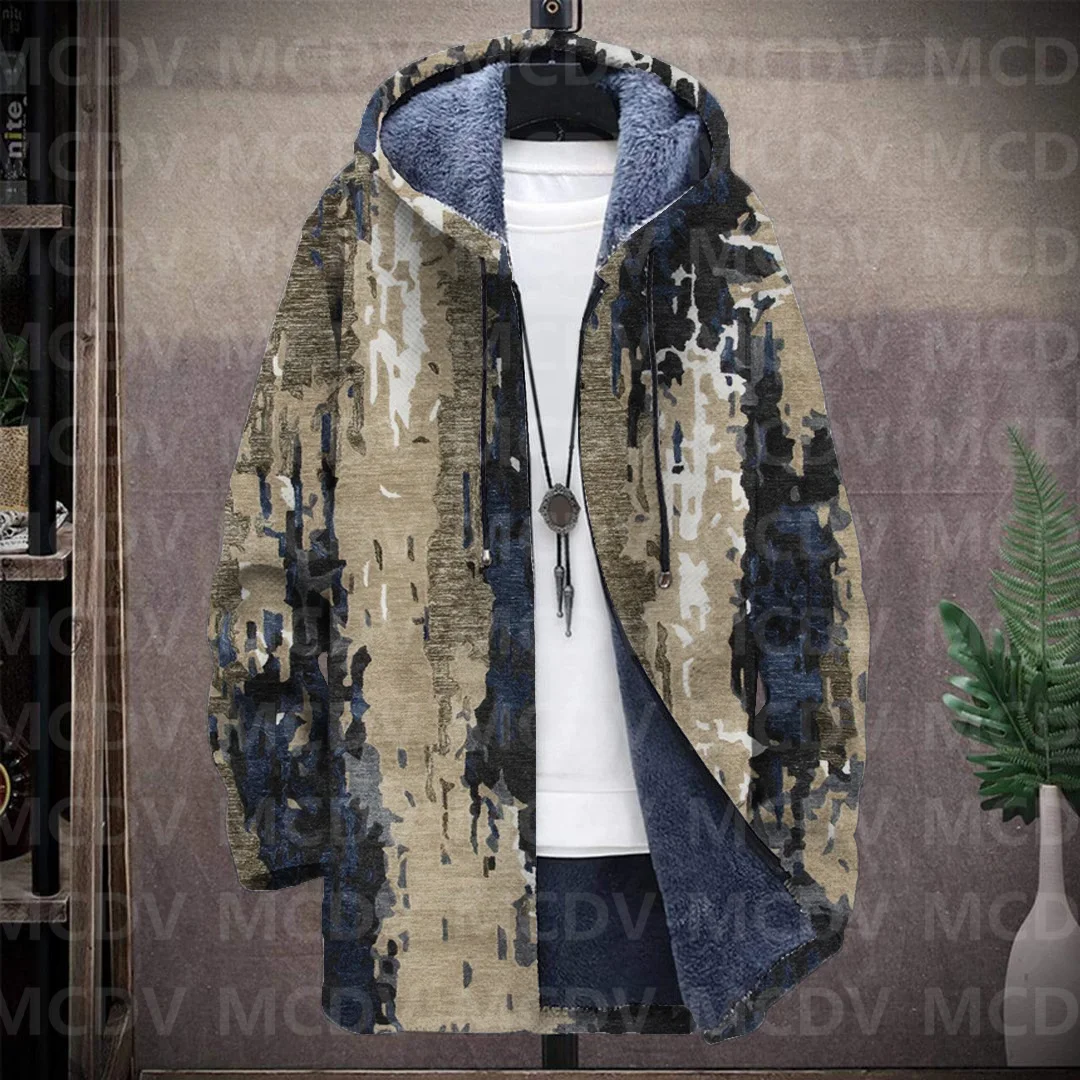 Men's Retro Pattern 3D Printed Plush Thick Long-Sleeved Coat Fleece Hooded Overcoat Unisex Thick Warm Jacket
