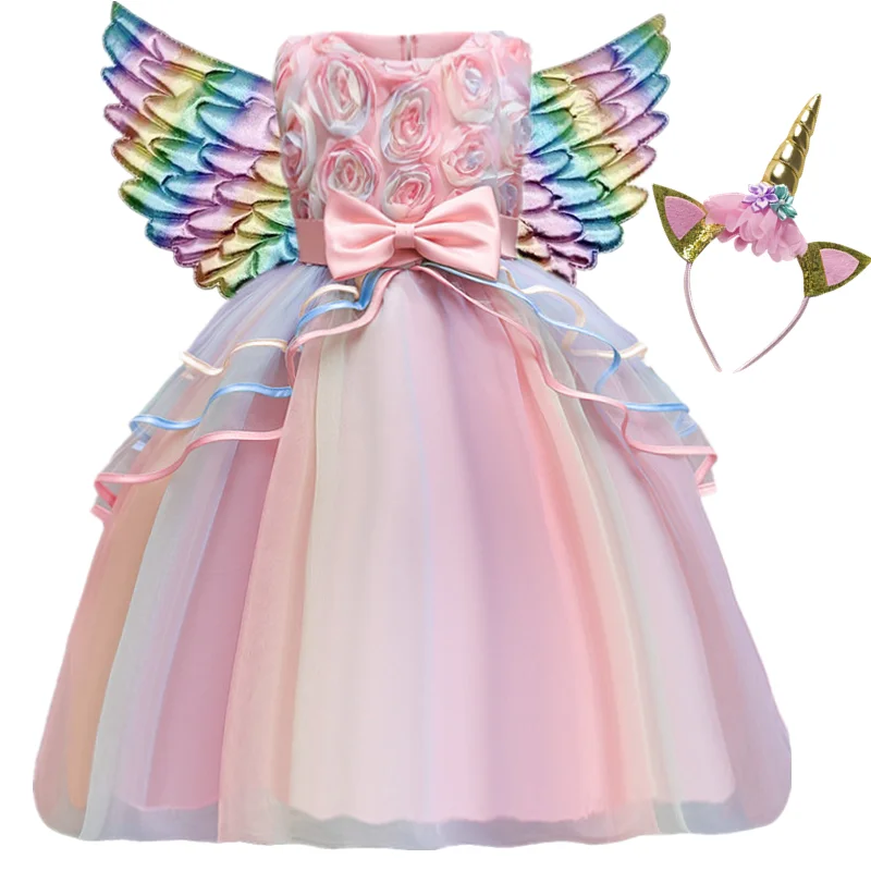 Girls Kids Unicorn Cosplay Dress For Children Rainbow Sleeveless Wedding and Birthday Party Princess Costume Evening Formal Gown girls dress princess costume kids clothes