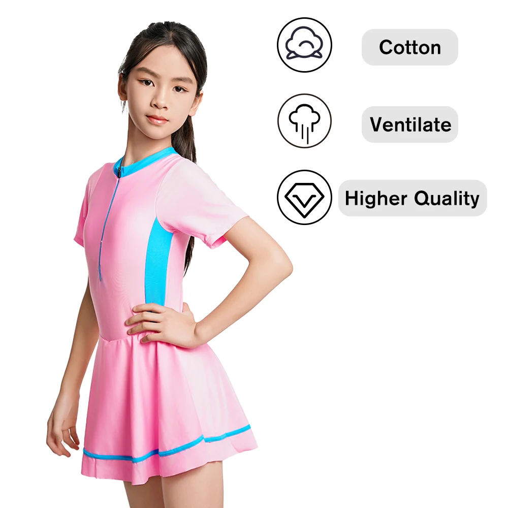 Girls One Piece Swimsuit Short Sleeve Zipper Swimwear Summer Vacation Skirt with Built-in Shorts BeachWear Rash Guard Swim Dress 5