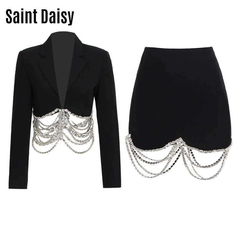 

Фотокостюм SaintDaisy женский черный сексуальный клубный комплект из двух предметов облегающий Летний Мини-костюм выше колена с отложным воротником на одной пуговице 00860