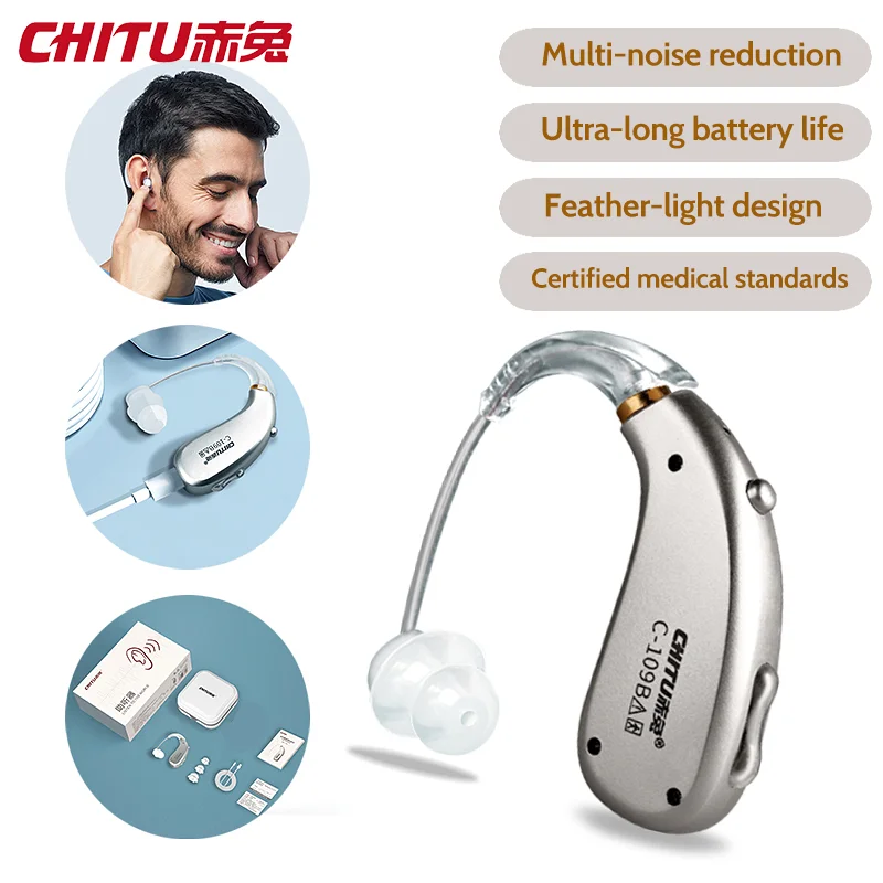 BTE Rechargeable Hearing Aids Digital Sound Amplifiers Silver Deafness Gift for Parents Medical Audionic Hearing device