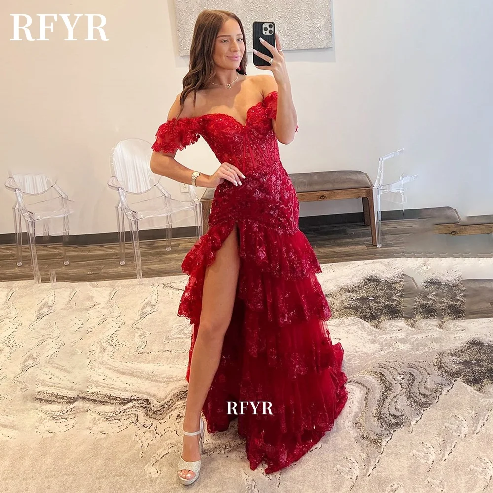 RFYR A Line Evening Dress Off Shoulder Tassels Prom Dress Applique Vestidos De Noche Shiny Party High Slit Customized