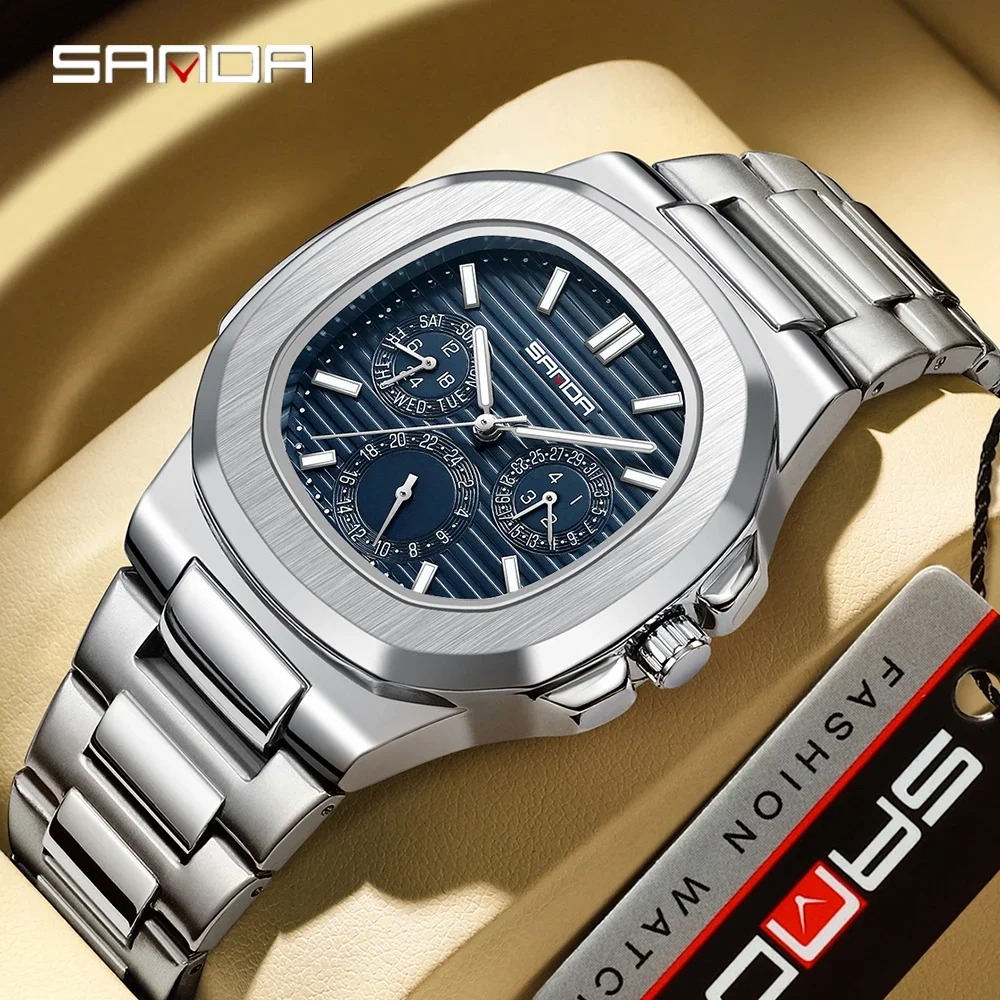 SANDA 7053 Luxury Watch Business Waterproof Male Clock Luminous Date Stainless Steel Square Quartz Men Wristwatches Reloj Hombre
