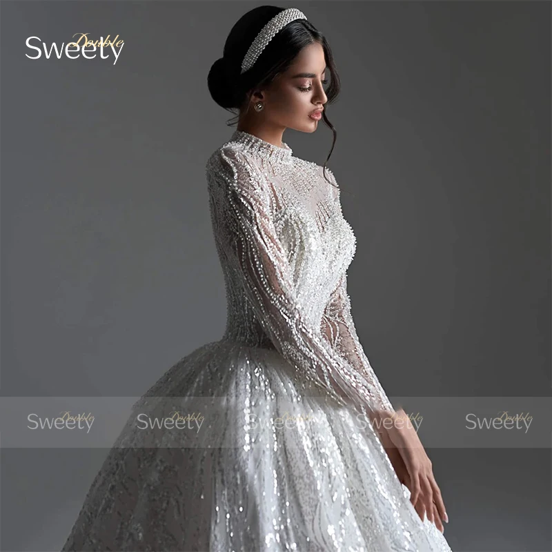 Abito da sposa completamente in rilievo che borda con abito da ballo Glitter collo alto manica intera abito da sposa personalizzato bottone Vestido De Novia - immagine 4
