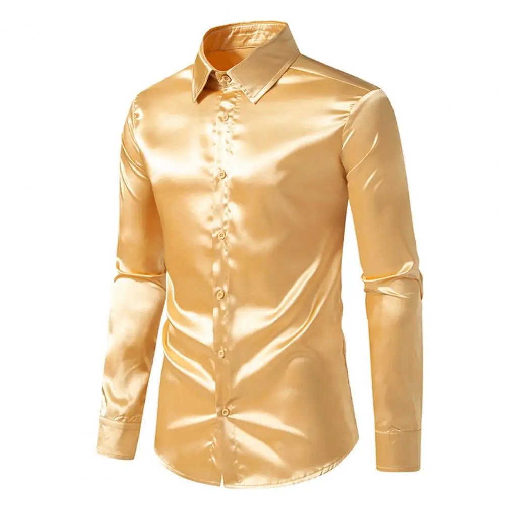 

Adjustable Cuffs Shirt Smooth Silky Satin Men's Formal Business Shirt with Long Sleeve Turn-down Collar for Club Party or Office