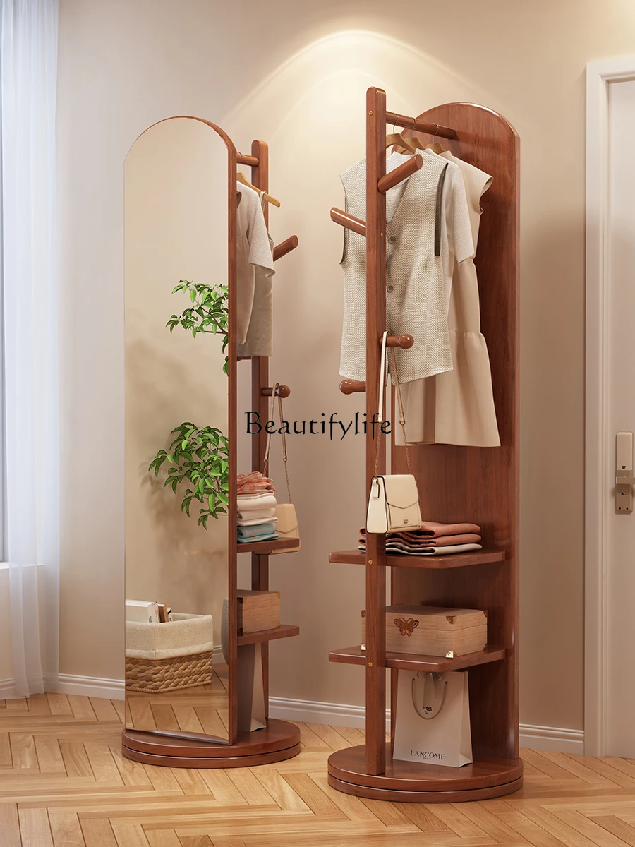 

Floor Mirror Home Bedroom Rotatable Mobile Solid Wood with Clothes Rack Integrated