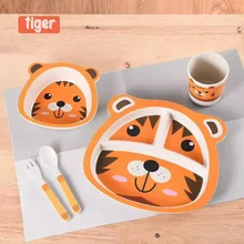 

5pcs Baby BambooTableware Set Animal Dishes Plate Bowl Spoon Fork Cup Solid Food Self Feeding for Kids Children Creative Gifts