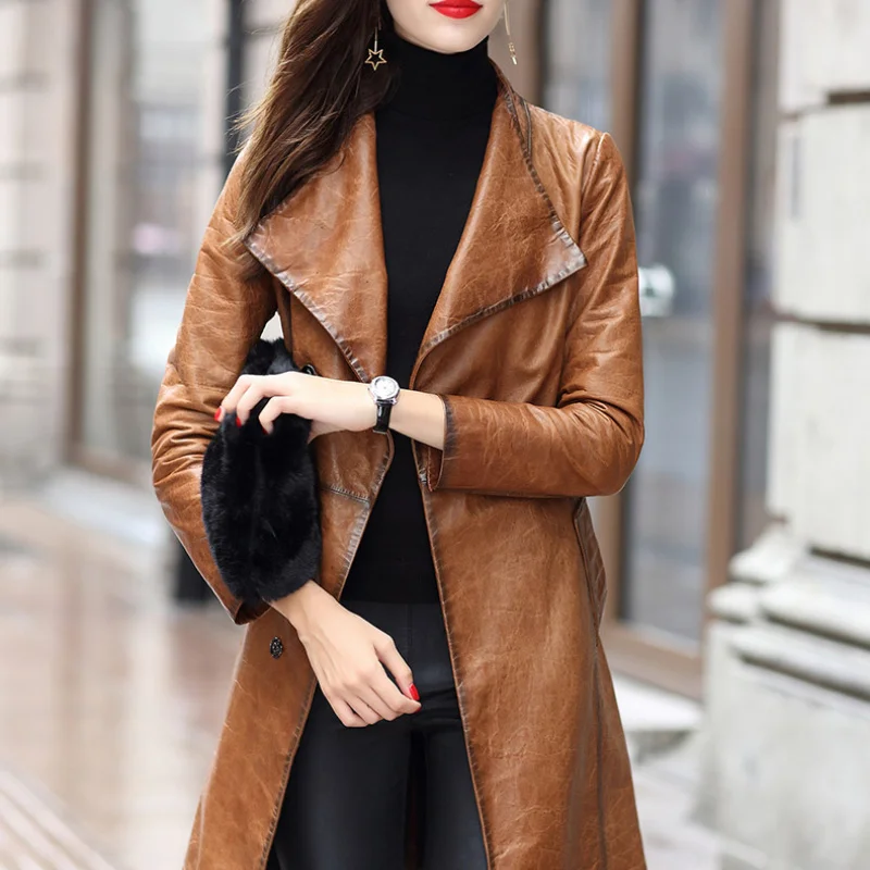 

2023 Sheepskin Genuine Leather Jacket Spring Belted Coat Women Clothes Silm Long Jackets Black Trenchcoat Casacos Femin
