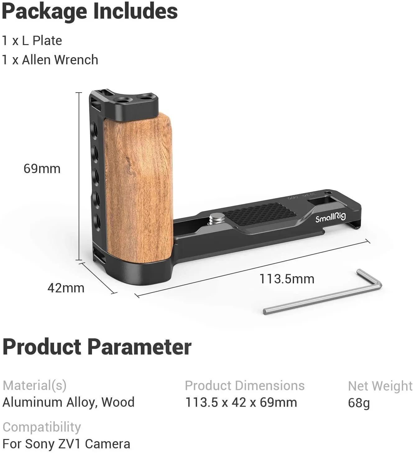 SmallRig ZV1 Camera Vlog Rig L-Shape Wooden Grip with Cold Shoe for Sony ZV1 Cam
