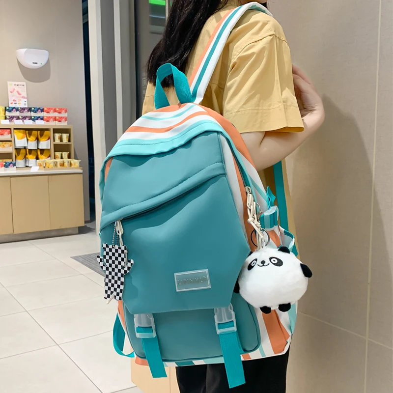 

New Colorful Striped Women Backpack Female Waterproof Patchwork School Bag Travel Rucksack Teenage Girls Cute Backpacks Students