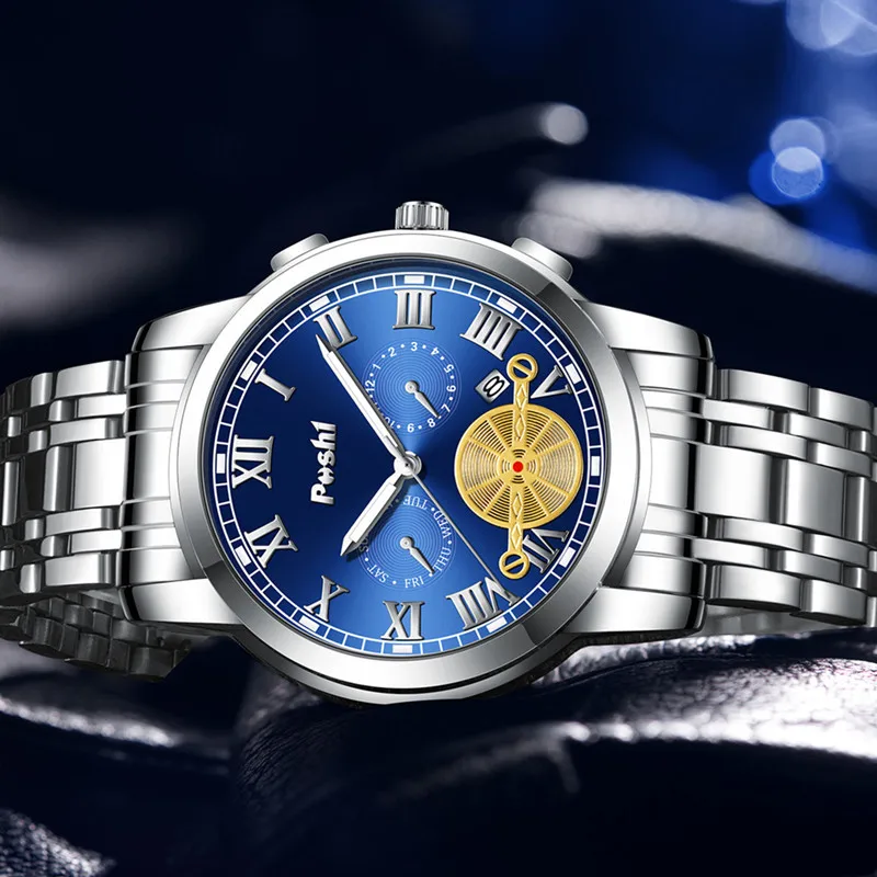 POSHI Men's Watch for Man Quartz Watches Male Wristwatch Luxury Waterproof Men Alloy Strap Date Business Clock