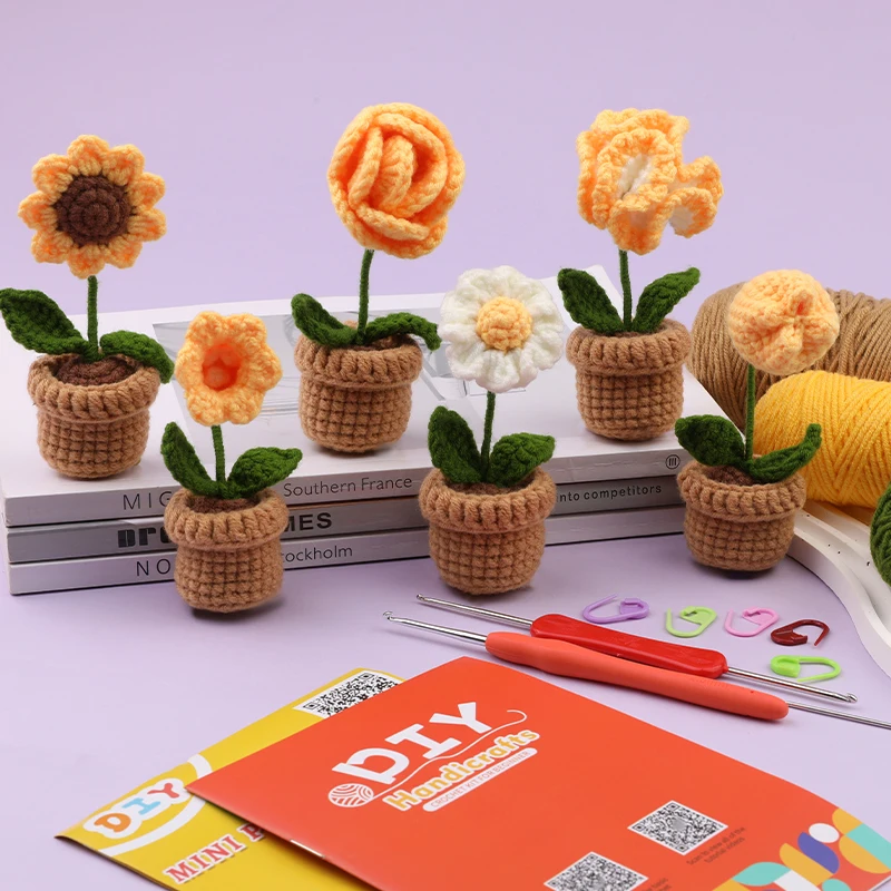 KRABALL Flowers Plant Potted Crochet Knitting Kits With Yarn Thread,Hook,Markers,Instructions,For DIY Beginners Knit Tool Set