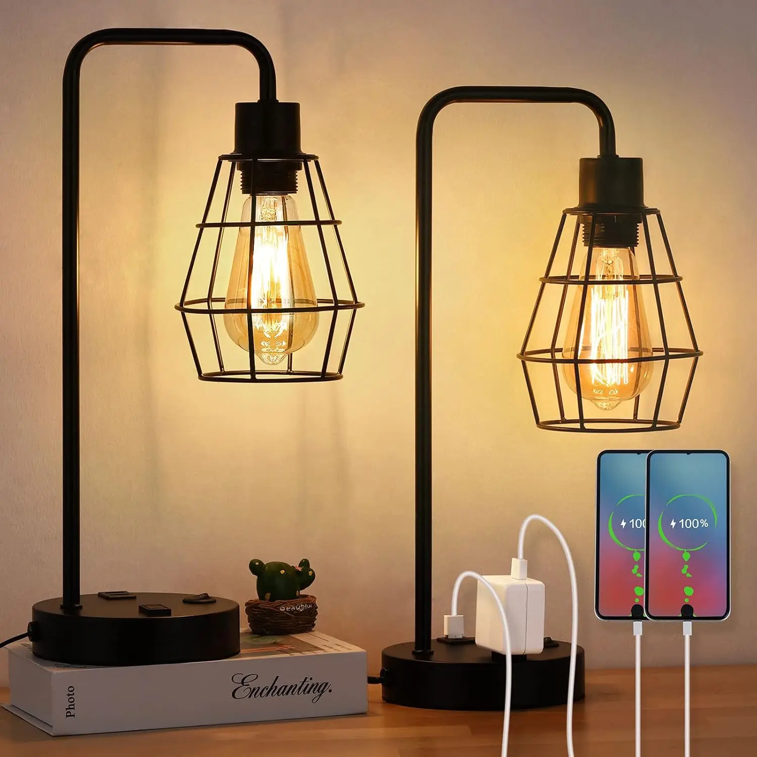 Edison 2-piece bedside table reading desk lamp with dual USB charging ports and sockets 6