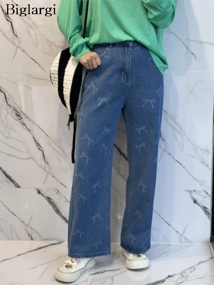 

Джинсы женские длинные прямые с бантом, модные брюки с завышенной талией, Свободные плиссированные штаны в стиле ретро, весна-лето