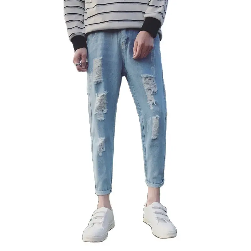 

Wholesale 2022 Fashion Washing Spring Summer White Ripped Holes Young Men's Ankle Length Jeans Korean Thin Feet Pencil Pants