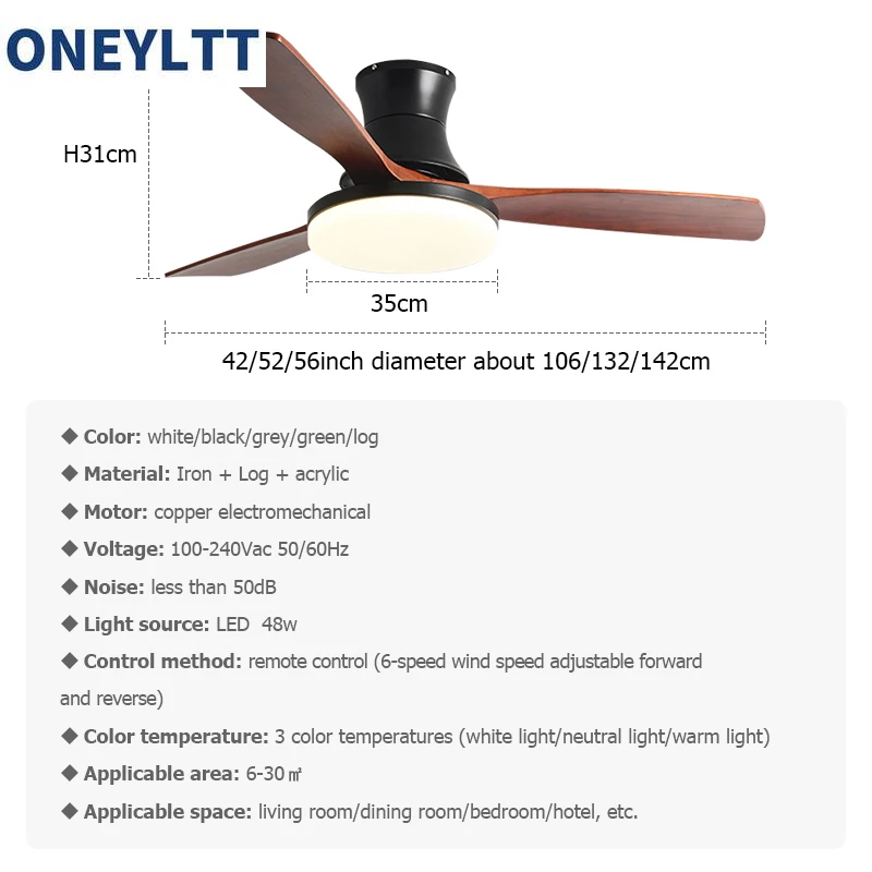 Flush Mount Ceiling Fan With Light Low Profile Wooden Ceiling Fan Lamp with LED Light and Remote Control Reversible Motor