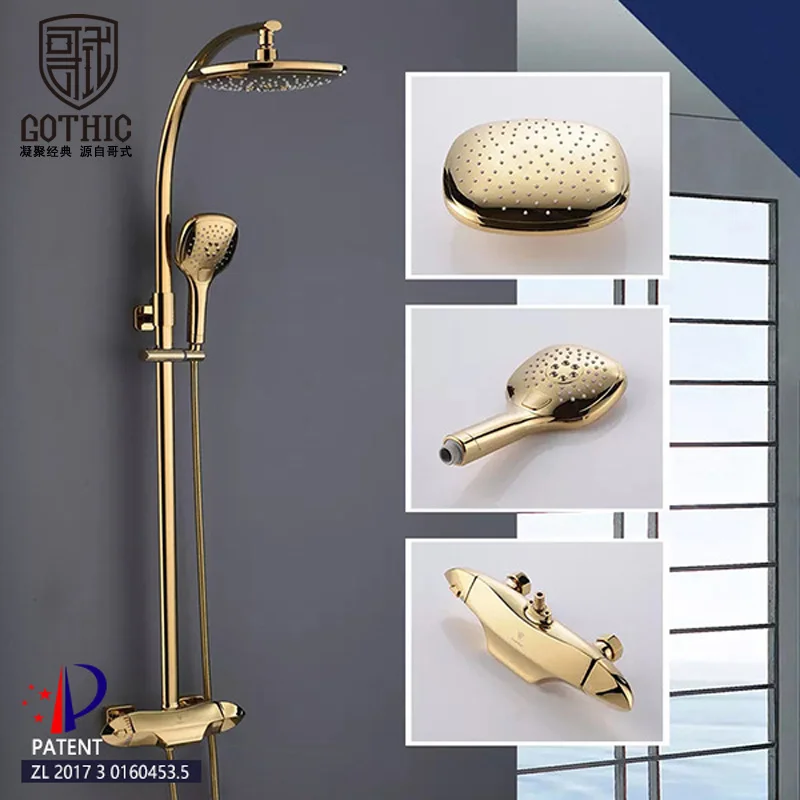 

Golden Rain Shower Faucets Set with Hand Brass Wall Mounted Thermostatic Shower Mixer Bathroom Bath Luxury Rainfall Shower Set