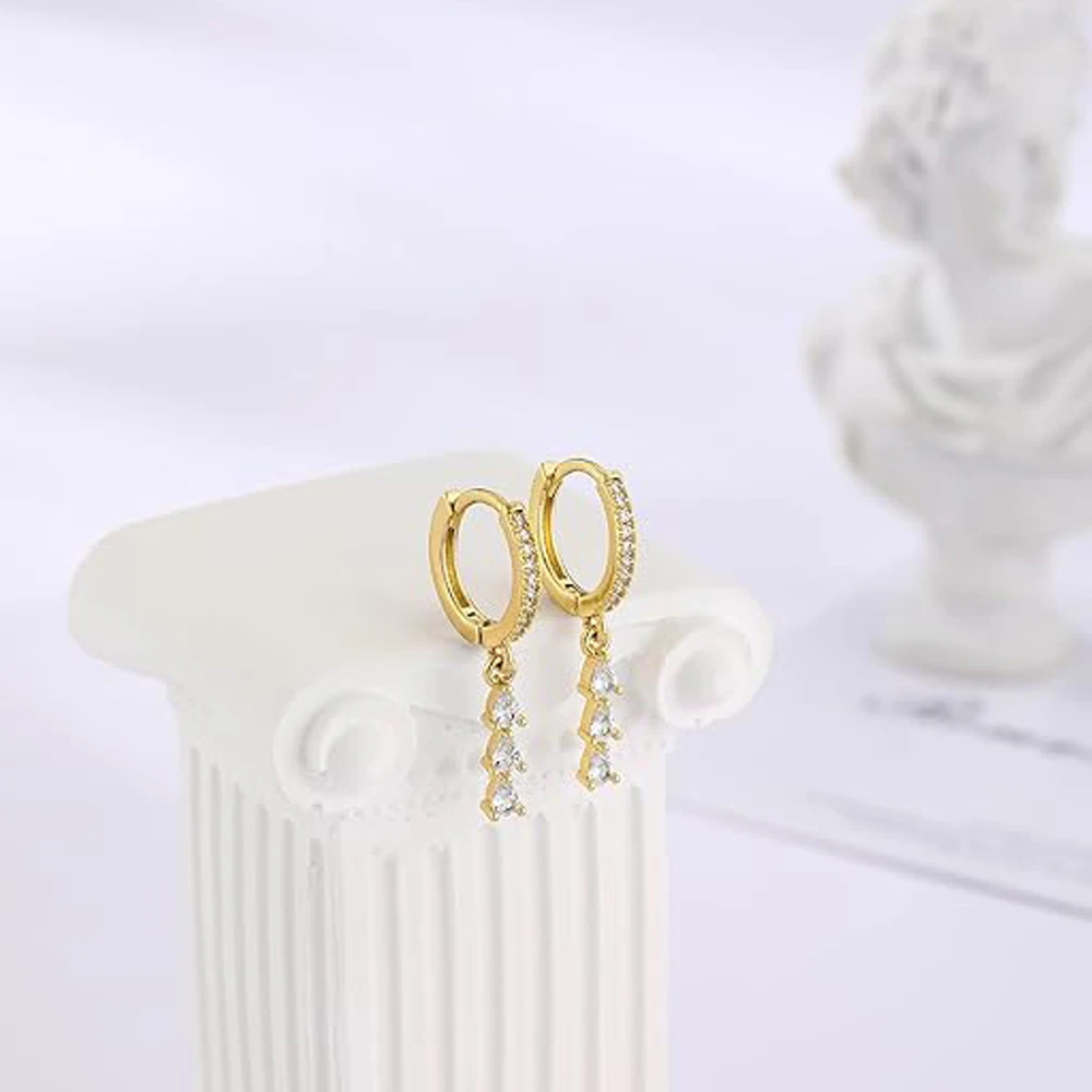 Dainty Gold Dangle Huggie Earrings - Star & Waterdrop CZ Drop Earrings, Hypoallergenic 14K Gold Plated Hoops For Women