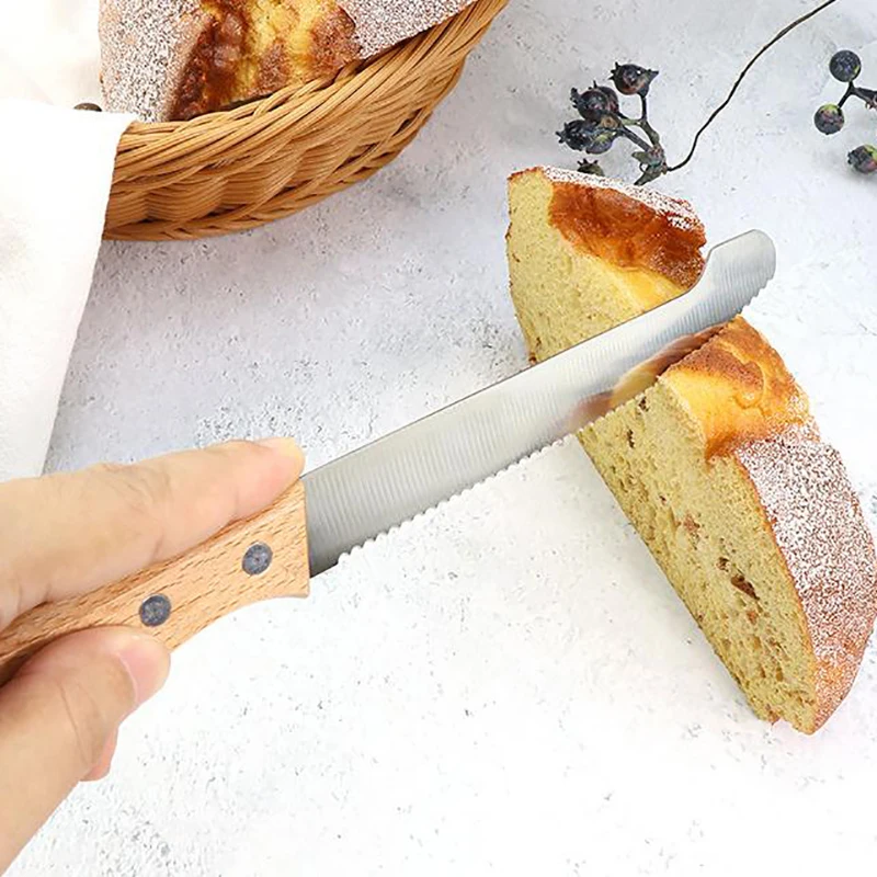 Stainless Steel Bread Knife Serrated Knife Wooden Handle Fruit Bread Slicer Cake Slicing Cookie Cutter
