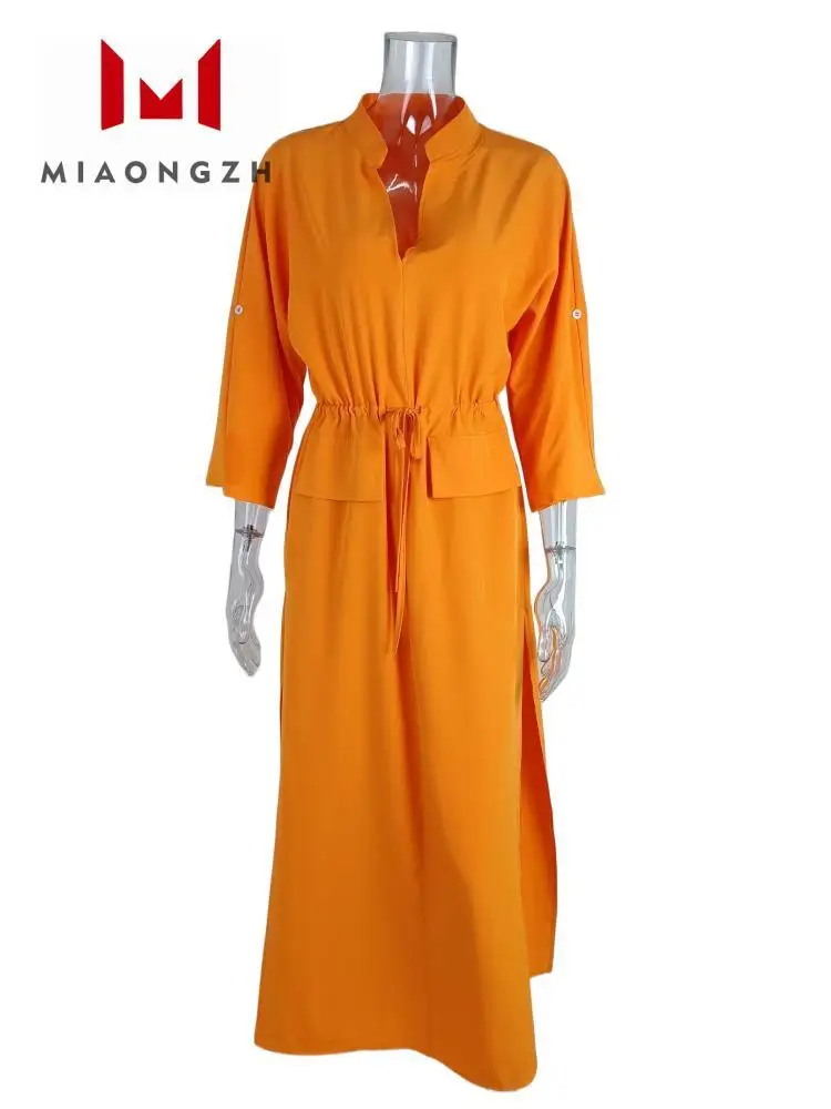 

Woman Loose Solid Vent Long Dress Summe Short Sleeve V Neck Lace-up High Waist Shirring Women's Fashion Dress Female New Robe