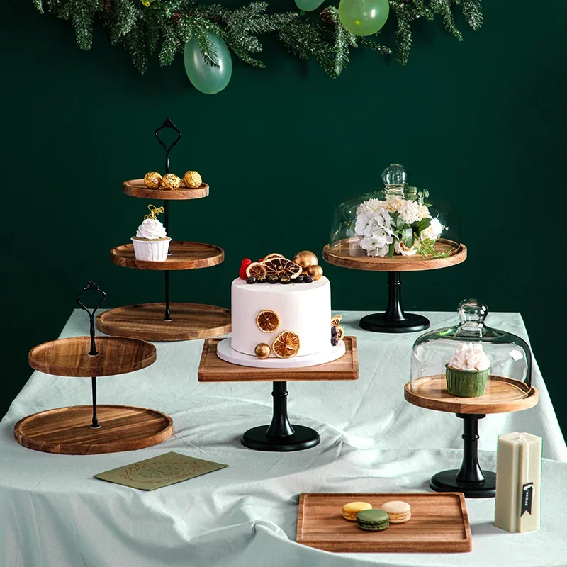 Wooden cake pan High foot Dessert plate Display stand Wooden tray Dim sum dish Bread plates Fruit plate Cake plates Glass cover