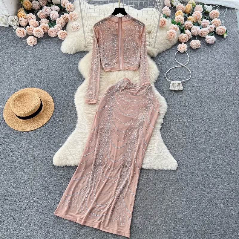 Long Sleeve Top Versatile Harajuku Fashion Maxi Skirt Mesh Two Piece Set A Line Midi High Waist Jupe Clothing Feminino Lady Suit