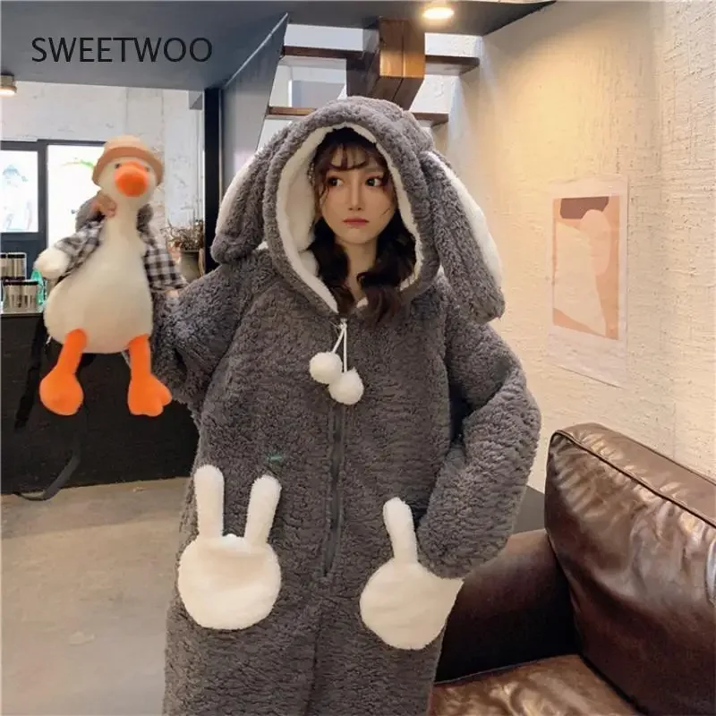 Winter Thicken Onesie Pajamas Women Warm Plush Kawaii Animal Rabbit One Piece Cosplay Bunny Homewear Sleepwear Jumpsuit Costume