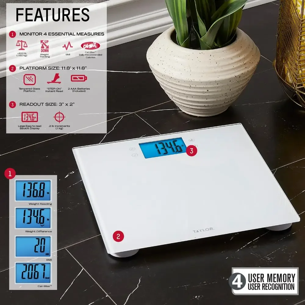 Glass Digital Wellness Scale with Weight Tracking BMI & Cal-Max 400 lb Capacity 11.8" Square Platform User Recognition White