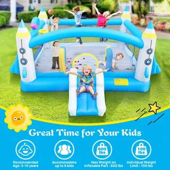 Kids Inflatable Bounce House With Long Slide Bouncing Area Basketball Hoop Heavy Duty Oxford Fabric Family Backyard Bouncy Castl 3