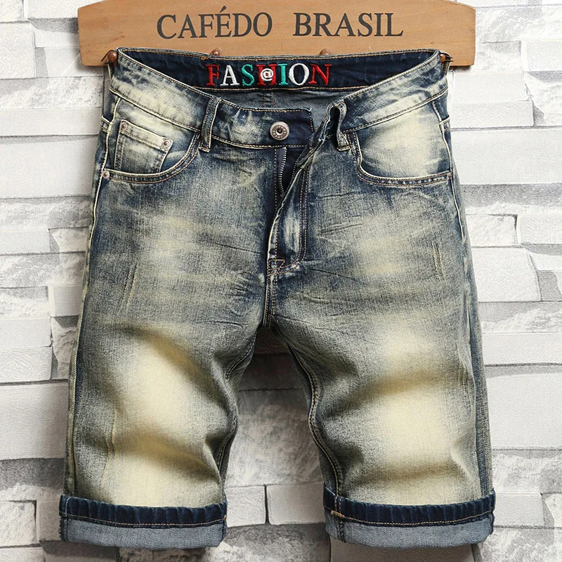 

2024 New Retro Biker's Denim Shorts Men's Summer Slim Straight Street Fashion Casual Distressed Cropped Pants