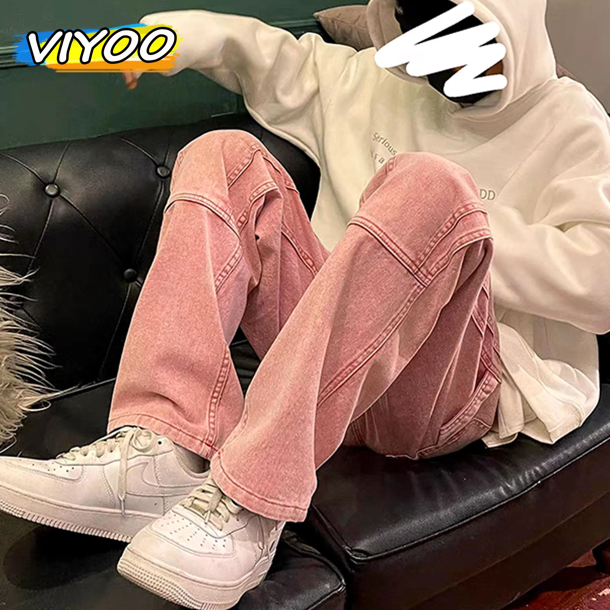 Men's Y2K Oversized Clothes 5XL Vintage Pink Jeans Baggy Harajuku Casual Cargo Denim Wide Leg Pants Cotton Korean Men's Trousers