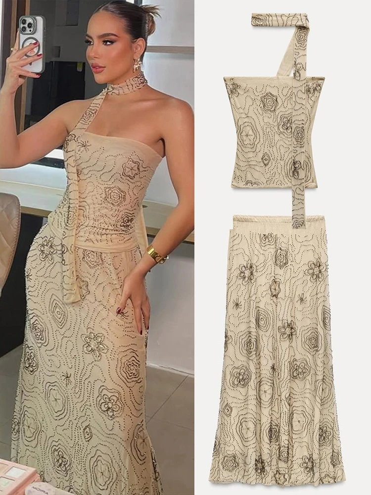 Summer Floral Beading Long Skirta Sets Women Sequin