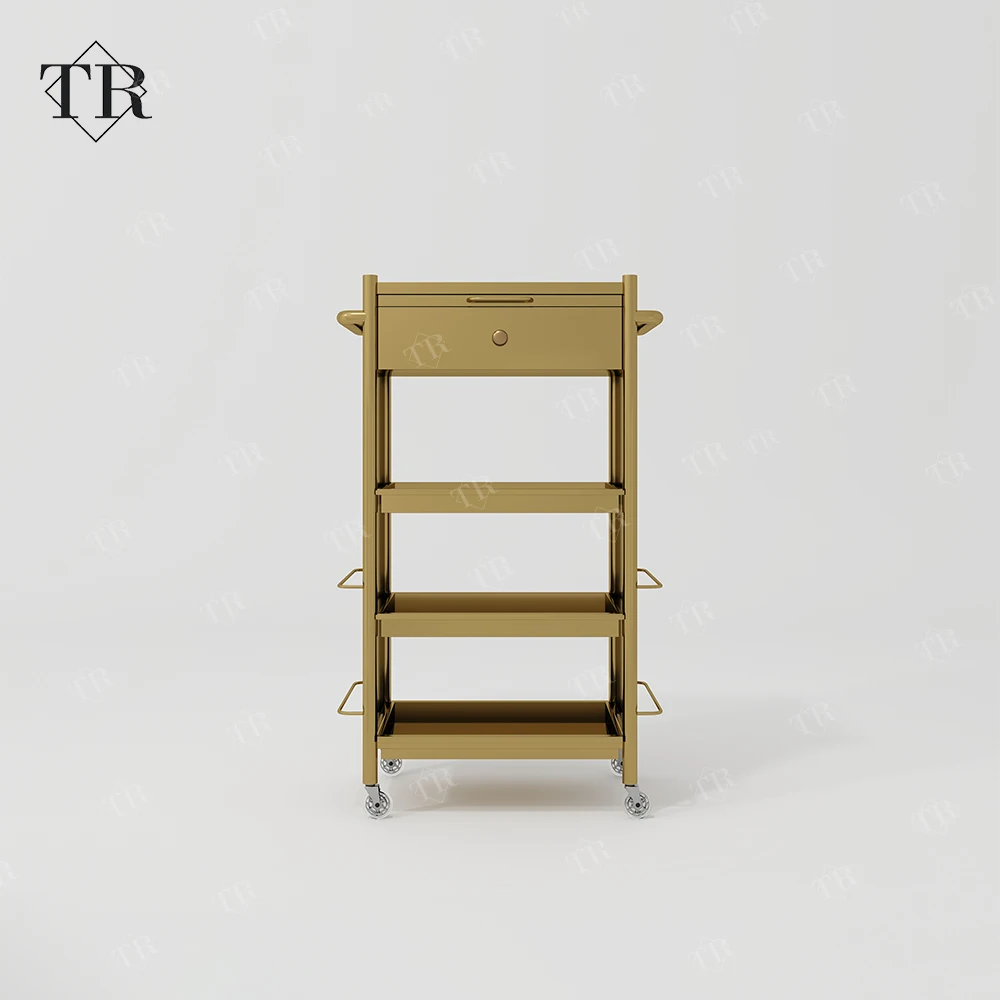 Turri Makeup Trolley Cart Stainless Steel Metal Gold Plated Salon Barber Trolley With Directional Wheels For Lash Beauty