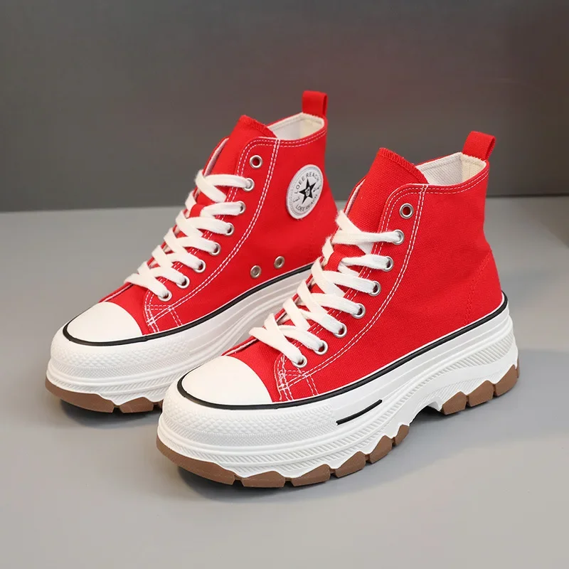 2024 Spring autumn Female Women High Top Sneakers Lace-Up Casual Plarform Height Canvas Non-slip Wear Resistant Vulcanize Shoes 6