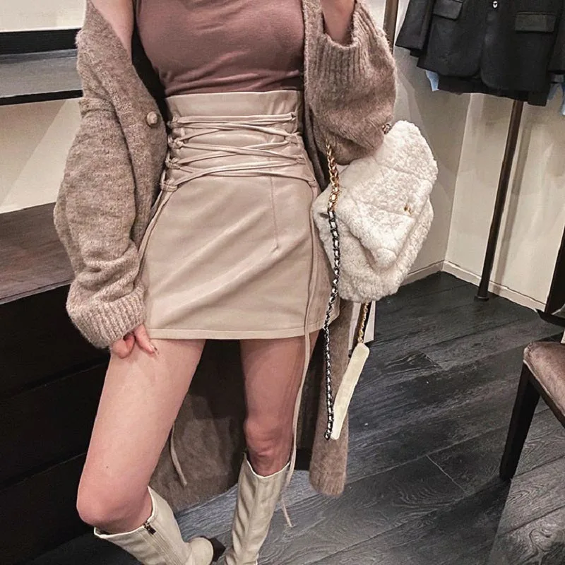 

Women's Japanese y2k Black mini wrap Skirt Spring Autumn High Waist Sexy Mini Skirt A-line PU Leather Skirt Women Korean Fashion