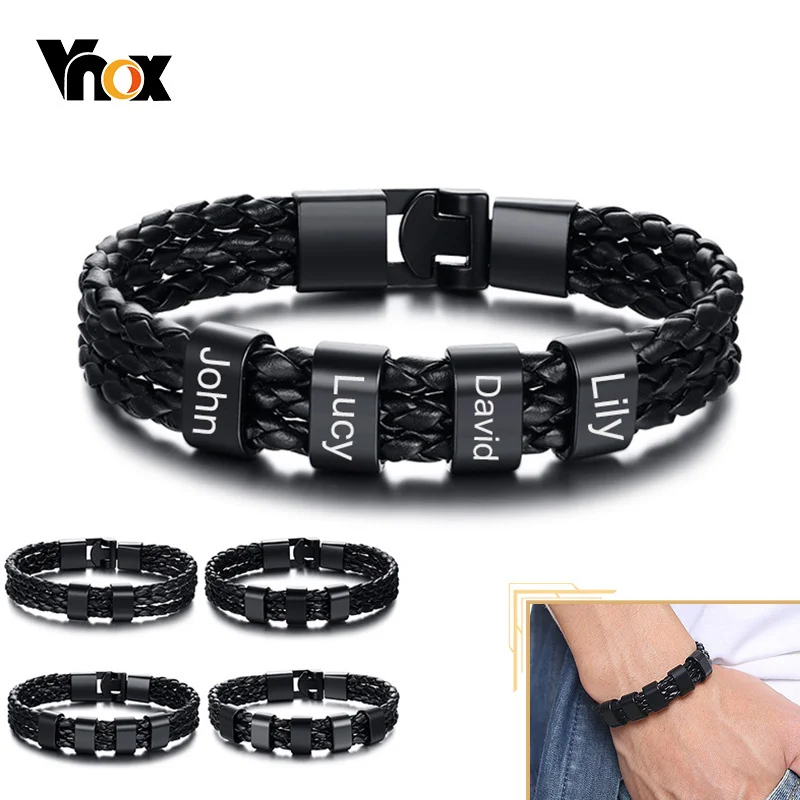 Vnox Personalize Family Name Bracelets for Men Black Layered Braided Leather with Stainless Steel Charms Custom Christmas Gift personnalisé bracelets for men custom family lover names bracelet black leather wristband jewelry stainless steel magnet buckle