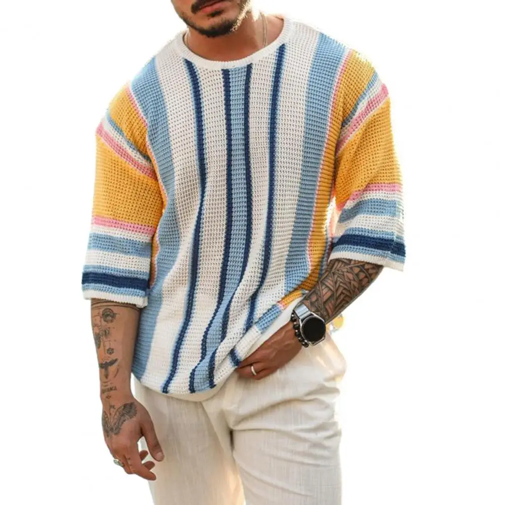 Men Sweater Loose Fit Sweater Striped Print Men's Knitted Sweater