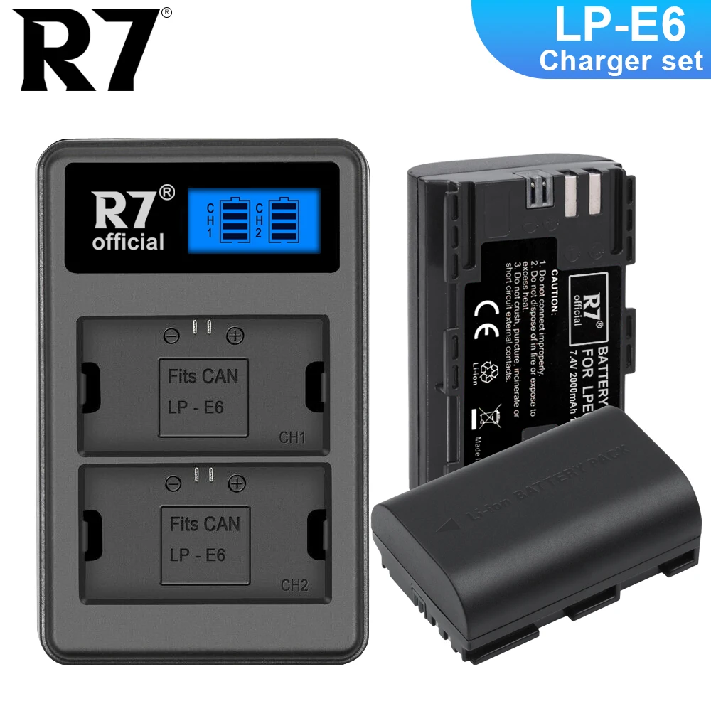 Batteria R7 Lp-E6 2000Mah Per Canon Eos 6D 7D 5D 70D 90D Xc10 Mark Ii Iii E Caricabatterie Rapido Lcd