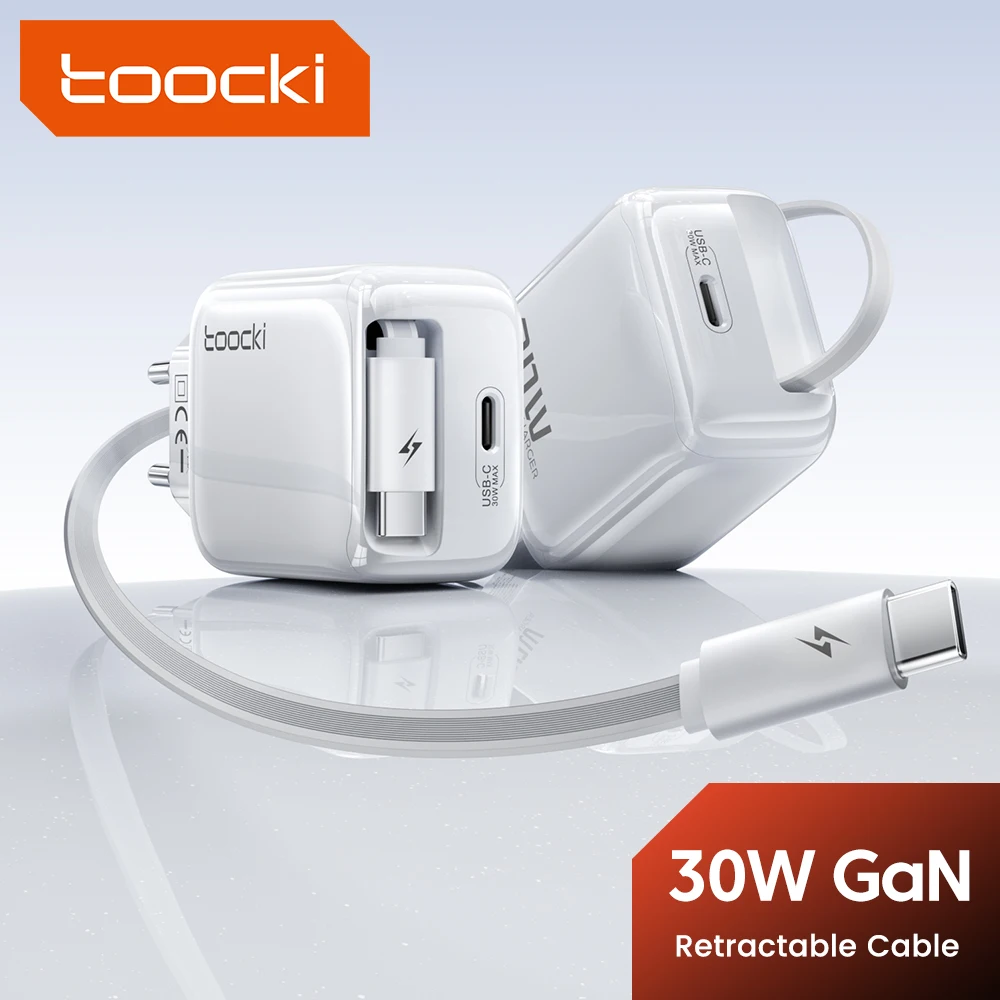 Toocki GaN 30W cargador USB rápido PD carga rápida para iPhone16 15 USB tipo C cargador rápido carga rápida Cable retráctil incorporado