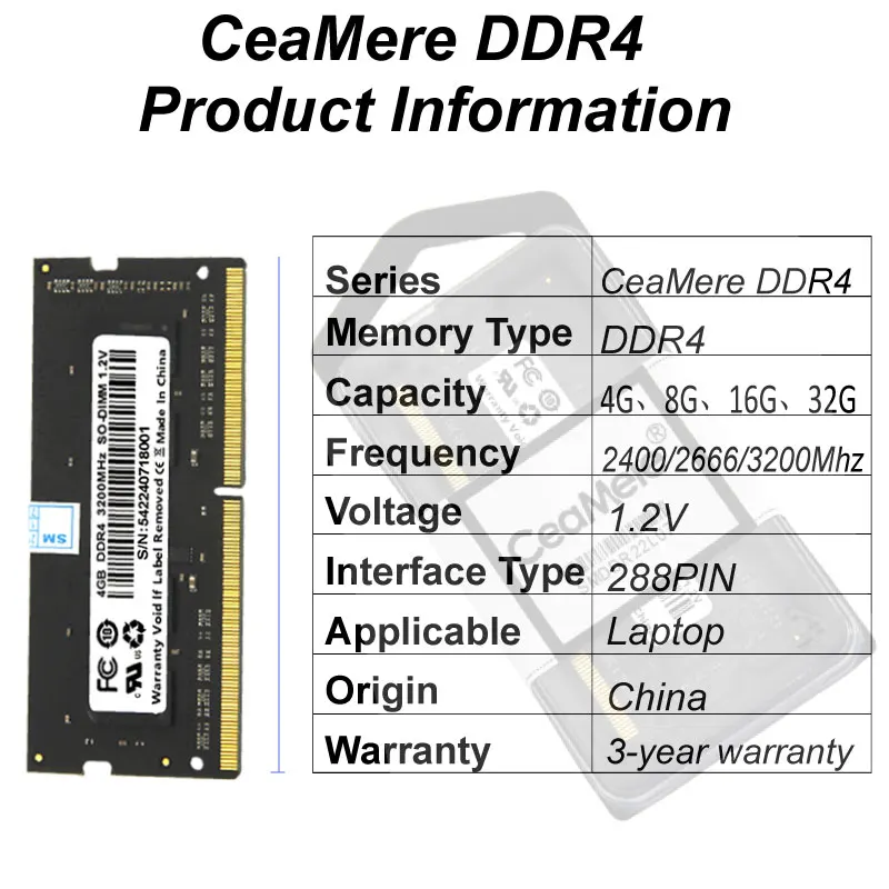 CeaMere DDR4 노트북 메모리 범용 메모리, 4G, 8G, 16G, 32G2400Mhz, 2666Mhz, 3200Mhz,288 핀 RAM 메모리 카드, 5 PCs 도매