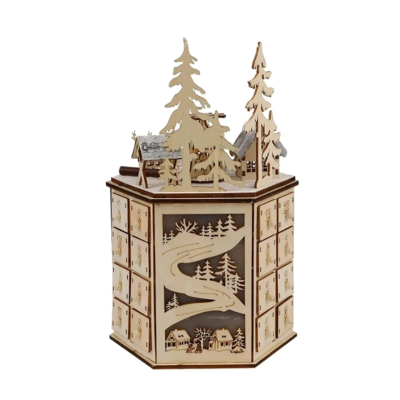 Christmas Wooden Advent Calendar Countdown Decoration 24 Drawers with LED Light Rotating Music Ornament Party Decor