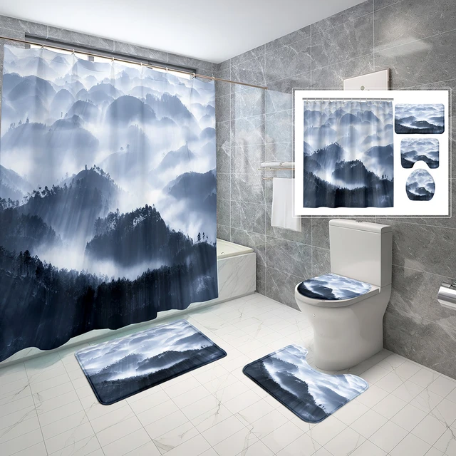  4 Piece Shower Curtain Sets for Bathroom, Chinese Style Pattern  Navy Blue Background Bathroom Sets with Waterproof Shower Curtain Non Slip  Rugs Bath Mat and Toilet Lid Cover : Home 