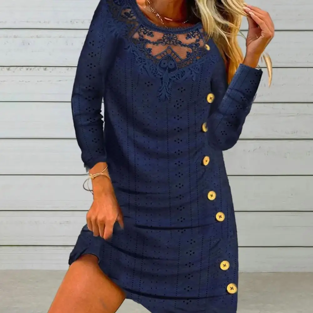 

Lace Splicing Dress Chic Lace Hollow Out Mini Dress Elegant Floral Applique Button Detail Loose Fit for Women's Fashion