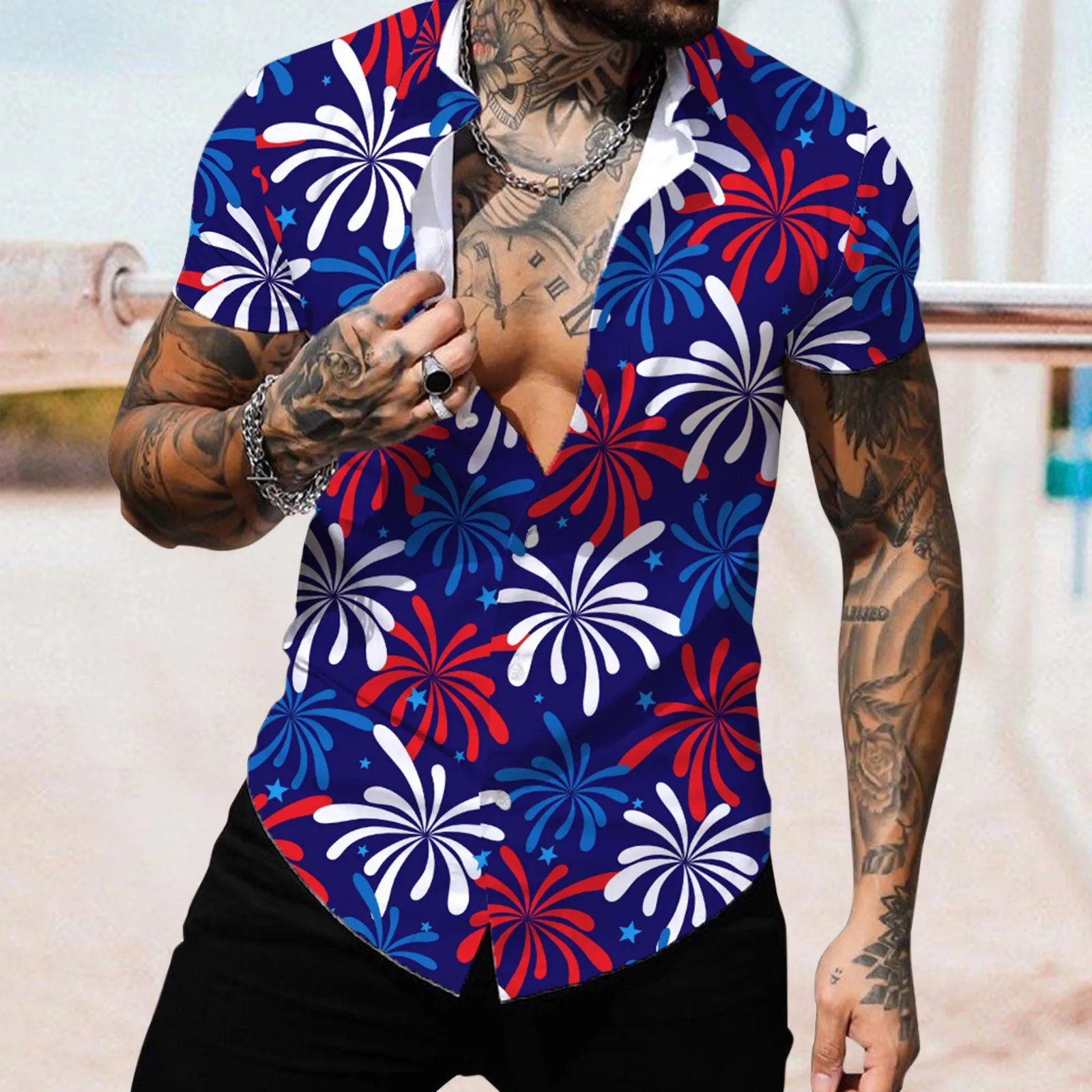 

Male Summer Casual Independence Day Print Shirt Short Sleeve Turn Down Collar Shirt Retro Oversized Casual Shirt