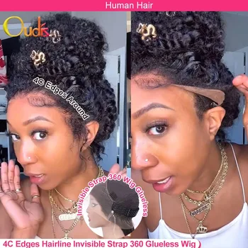 4C Kinky Edges Kinky Curly Invisible Strap 360 Full Lace Front Glueless Wigs Human Hair Lace Frontal Wig with Curly Baby Hair 1