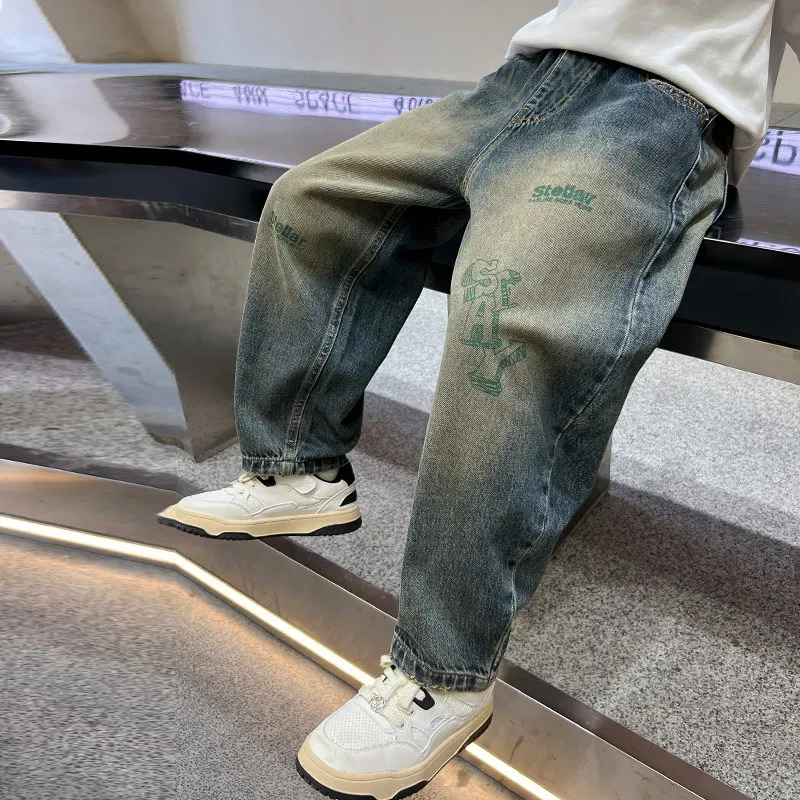 어린이 그라데이션 배기 청바지 레터 프린트 소년 캐주얼 디스트레스드 데님 팬츠 스쿨 키즈 봄 가을 패션 바지