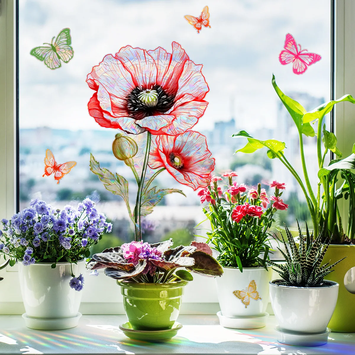 Poppy Flower Sun Catcher Wall Stickers Butterfly PVC Electrostatic Glass Window Decals Suncatcher Prism Rainbow Maker Home Decor